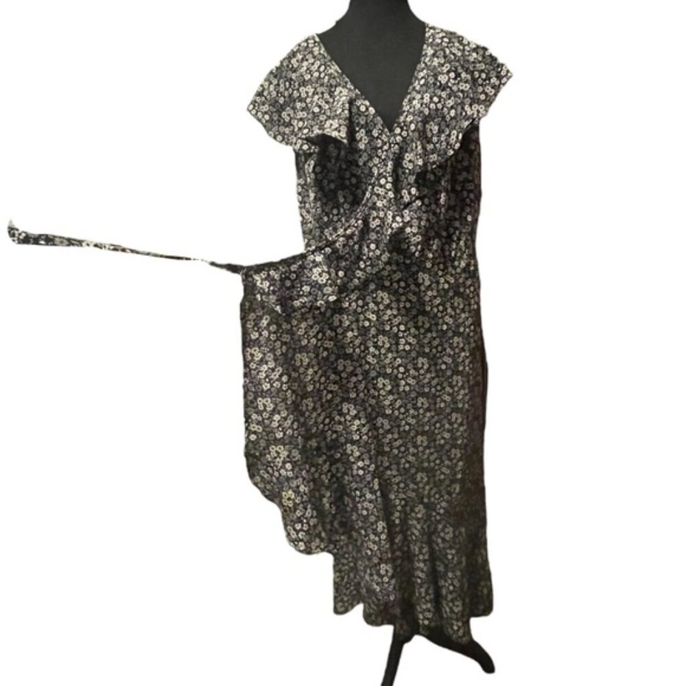 Plus Size Black Floral Flouncy Tiered Wrap Around Dress Tie Ruffles V Neck Sz 2X - Picture 6 of 15